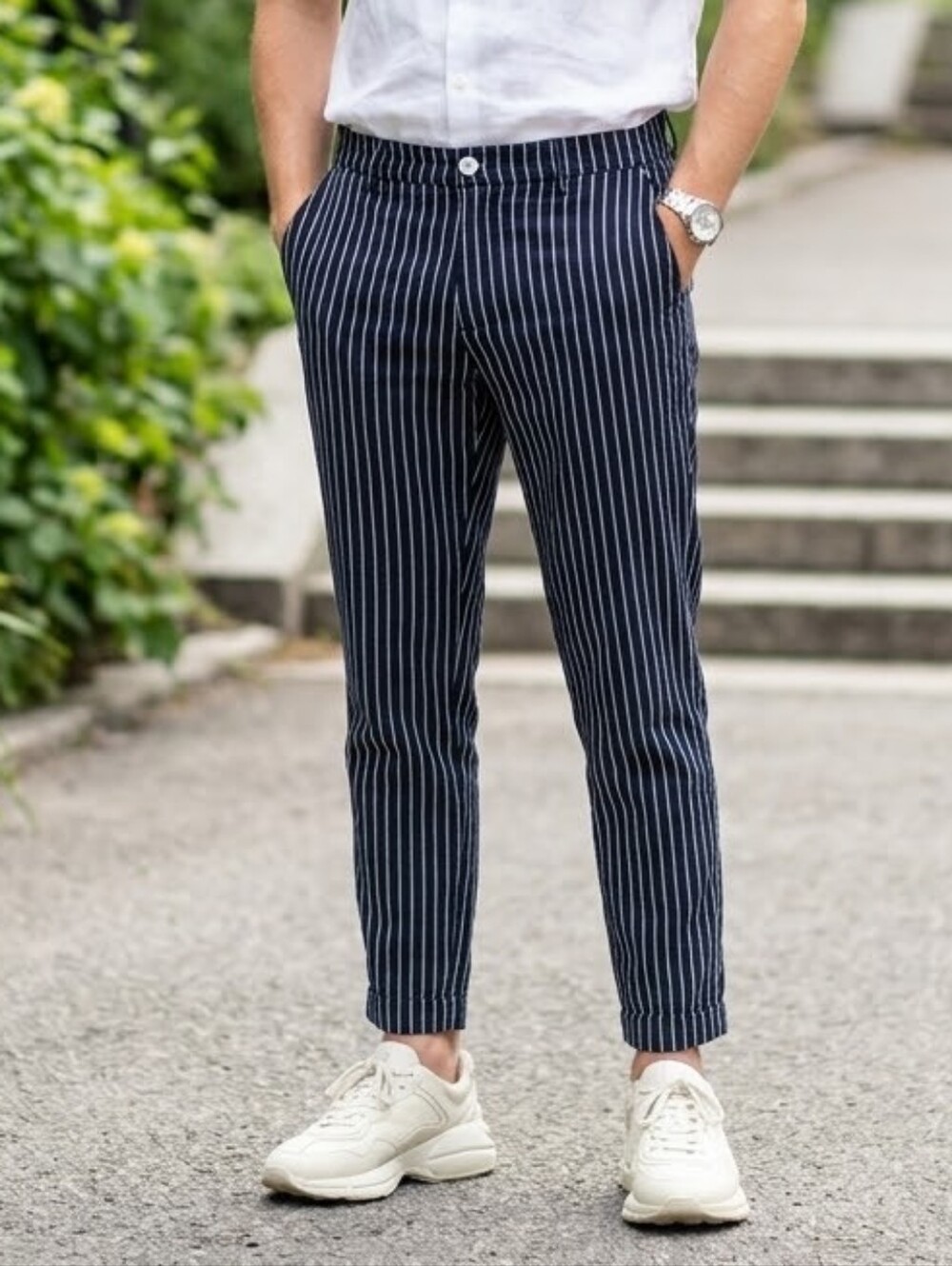 RNT23 Ron Tomson Men Pants M Blue Pinstripe Stretch Amsterdam Fit Pinstripe Luxe